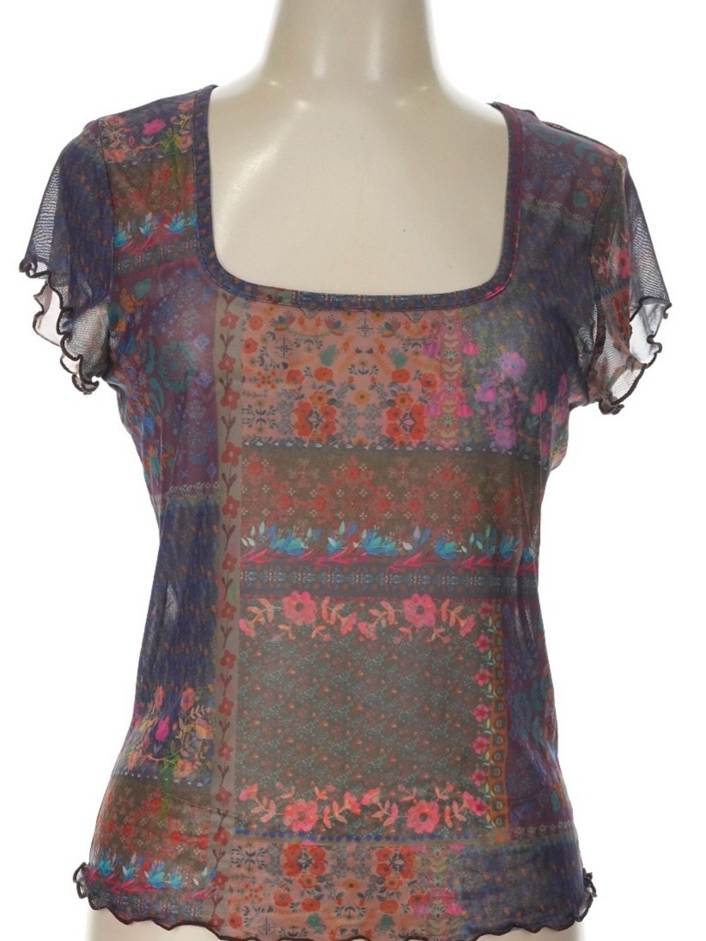 NATURAL LIFE Multicolor Floral Patchwork Scoop Neck Short Sleeve Top - Picture 5 of 11